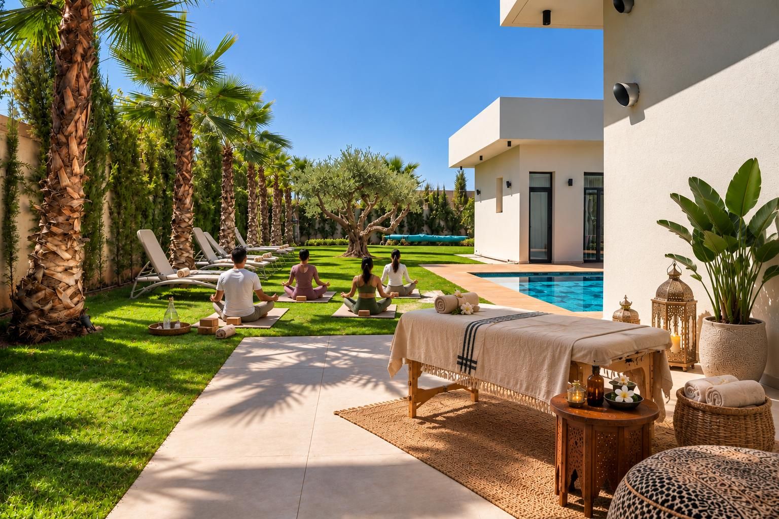 Massage et séance de yoga dans le jardin de la villa, près de la piscine